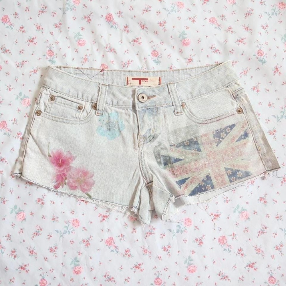 t-five custom union jack denim shorts y2k low rise distressed